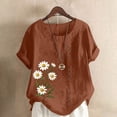thumbnail image 1 of CLOISE Women Short Sleeve Tops Plus Size Shirts Button Round Neck Casual Pullover Graphic Summer Blouses Coffee, 1 of 4