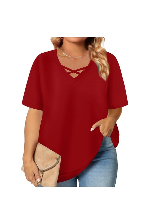 Women Short Sleeve Tops Plus Size Shirts V Neck Casual Pullover Solid Color Summer Blouses Red 2XL