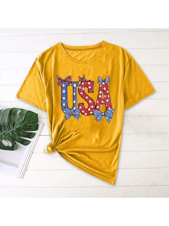 Women Short Sleeve Tops Red White Blue Plus Size USA Themed Shirts Crewneck Holiday Fourth of July Pullover Patriotic Outfits