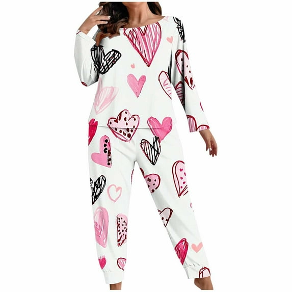 CLOISE Women Sleepwear Pajamas Set Plus Size Valentines Pjs Sets Long Sleeve Tops and Pant Heart Lounge Set 2 Piece Loungewear Red