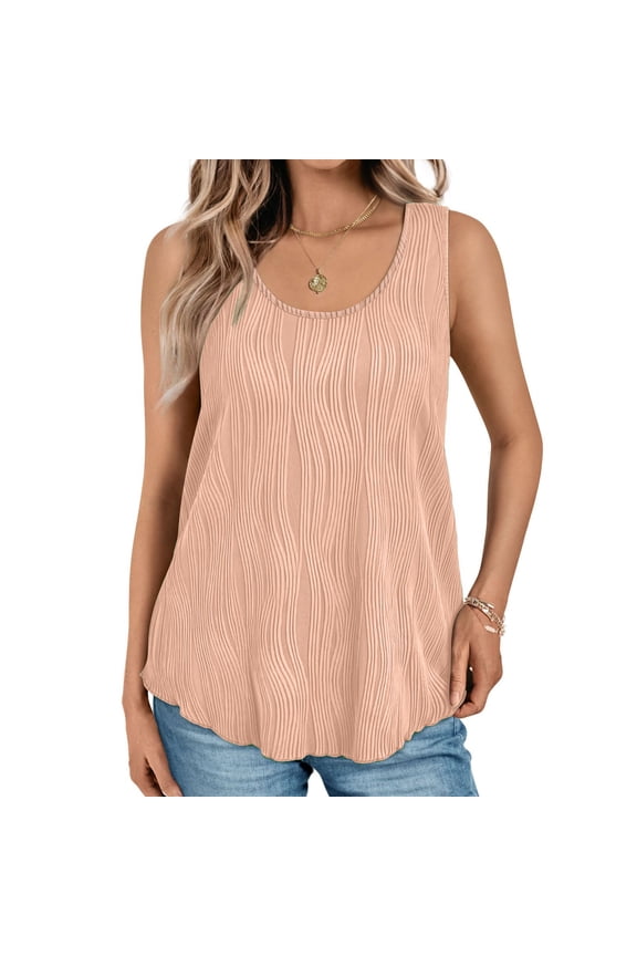 Women Summer Round Neck Tank Tops Casual Textured Basic Blouse Sleeveless Crop Pleated Tunic T Shirts Pink L