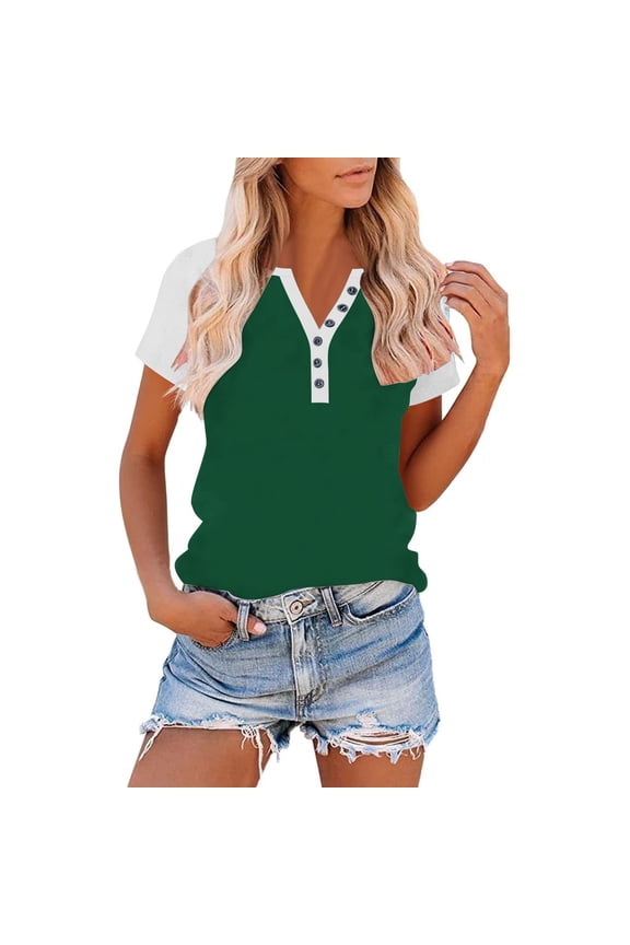 Women Summer Tops Short Sleeve Plus Size Shirts Button Crewneck Casual Pullover Color Block Loose Blouses Green