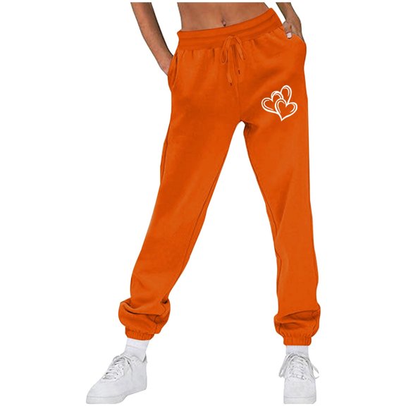 CLOISE Women Sweatpants Baggy Fleece Joggers Lounge Pull on Low Rise Elastic Bottom Trousers Orange Athletic Elastic Waist Drawstring Heart Sweatpants with Pockets Trendy Everyday Long Trousers