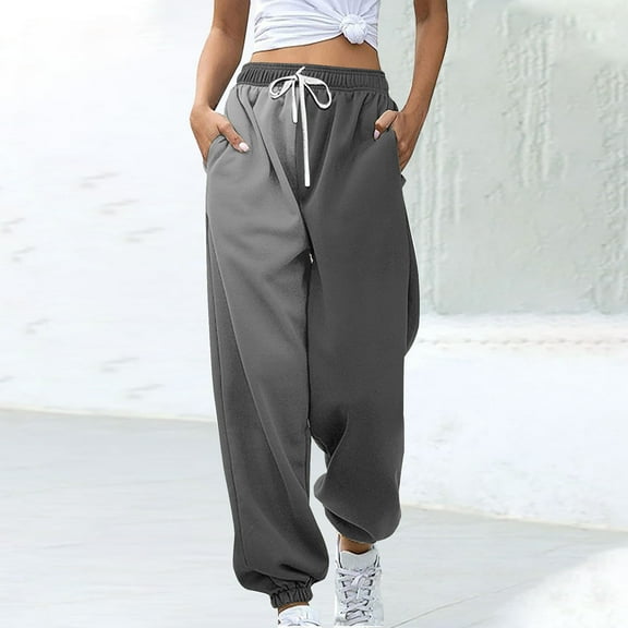 CLOISE Women Sweatpants Baggy Joggers Comfy Petite Tall Elastic Bottom Pants Gray Running Elastic Waist Drawstring Color Block Sweatpants with Pockets Trendy Fall Long Pants 2XL