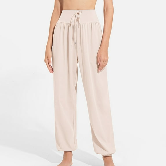 CLOISE Women Sweatpants Baggy Yoga Joggers Comfy Petite Tall Elastic Bottom Pants Beige Y2k Elastic Waist Drawstring Solid Sweatpants with Pockets Trendy Everyday Long Trousers S
