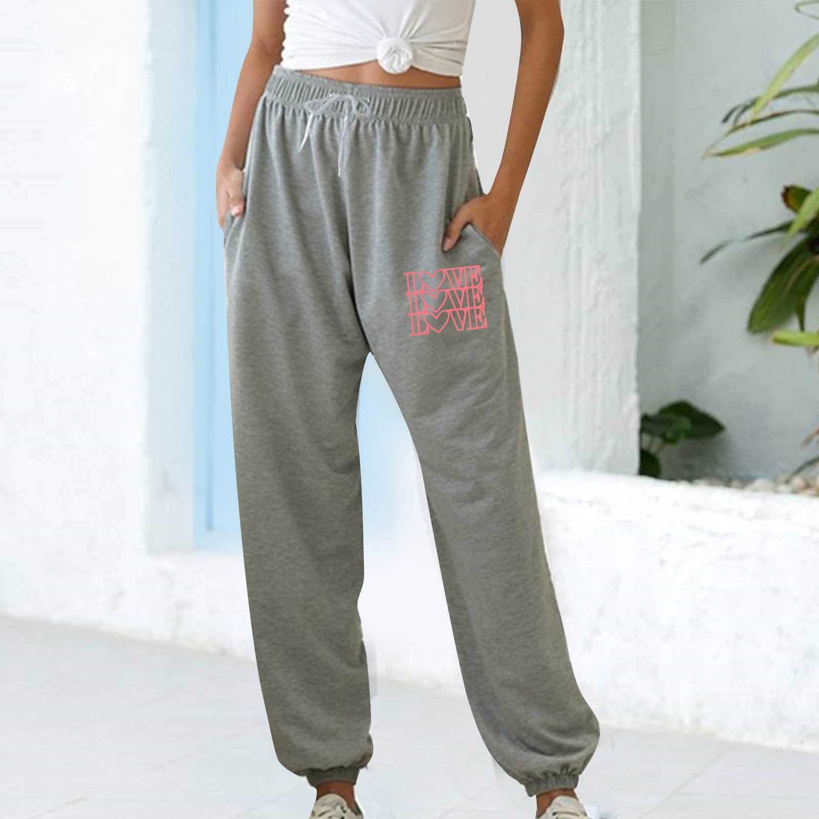 Women Sweatpants Joggers Baggy Fleece Lined Joggers Comfy Petite Tall Elastic Bottom Pants Gray Y2k Elastic Waist Drawstring Heart Sweatpants with Pockets Trendy Winter Long Pants XL