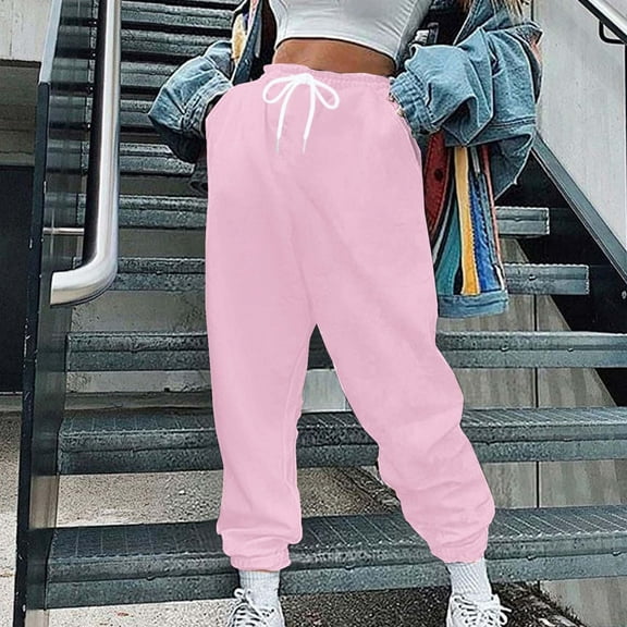 CLOISE Women Sweatpants Joggers Baggy Joggers Loose Petite High Waisted Elastic Bottom Trousers Pink Sports Elastic Waist Drawstring Solid Sweatpants with Pockets Fashion Winter Long Pants XL