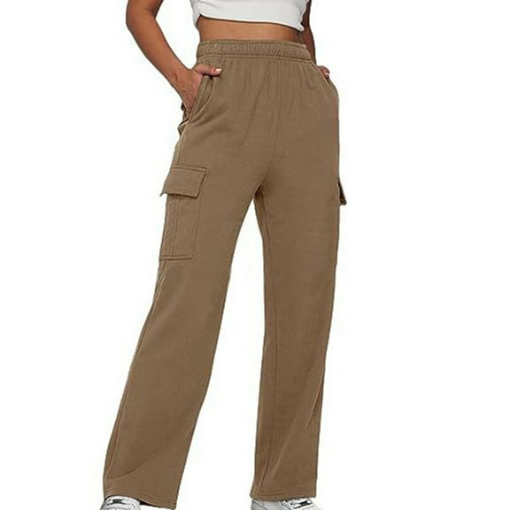 CLOISE Women Sweatpants Wide Leg Baggy Straight Leg Cargo Pants Cozy Pull on Tall Open Bottom Trousers Brown Oversized Elastic Waist Solid Sweatpants with Pockets Trendy Winter Long Pants XL