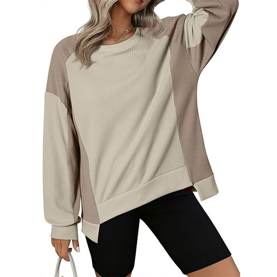 CLOISE Women Sweatshirt Colorblock Oversized Sweatshirts Crew Neck Long Sleeve Hoodies Shirts Brown Drop Shoulder Waffle Blouses Fall Fashion Y2k Clothes XL