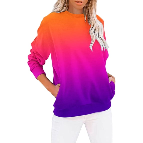 CLOISE Women Sweatshirt Gradient Oversized Sweatshirts Crewneck Long Sleeve Hoodies Shirts Orange Basic Blouses With Pockets 2024 Fall Tunic Y2k Outfits M