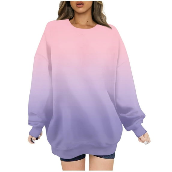 CLOISE Women Sweatshirt Gradient Pullover Sweatshirts Crew Neck Long Sleeve Hoodies Shirts Pink Drop Shoulder Basic Blouses Fall Soft Y2k Outfits XL