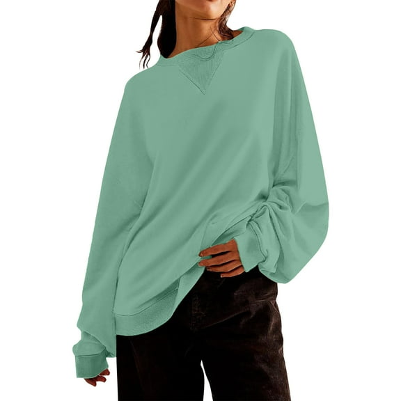 CLOISE Women Sweatshirt Solid Oversized Sweatshirts Round Neck Long Sleeve Hoodies Shirts Green Drop Shoulder Blouses Fall Fashion Y2k Clothes S