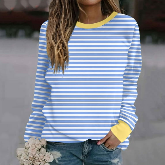 CLOISE Women Sweatshirt Striped Color Block Oversized Sweatshirts Crewneck Long Sleeve Hoodies Shirts Blue Basic Blouses Fall Tunic Y2k Outfits XL