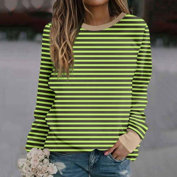 CLOISE Women Sweatshirt Striped Color Block Oversized Sweatshirts Crewneck Long Sleeve Hoodies Shirts Green Basic Blouses Fall Tunic Y2k Outfits XL