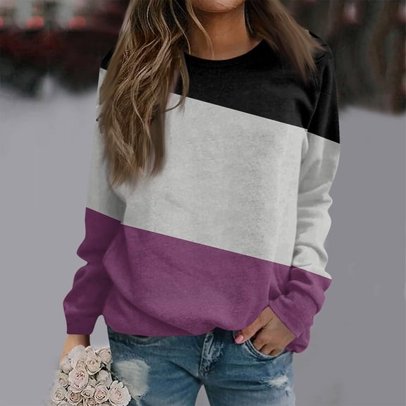 CLOISE Women Sweatshirts Colorblock Pullover Sweatshirts Round Neck Long Sleeve Hoodies Shirts Purple Basic Blouses Fall Soft Y2k Outfits M