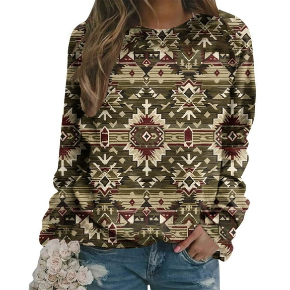 CLOISE Women Sweatshirts Ethnic Aztec Print Pullover Sweatshirts Round Neck Long Sleeve Hoodies Shirts Green Raglan Basic Blouses Fall Cute Preppy Clothes L