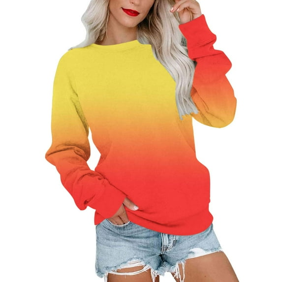 CLOISE Women Sweatshirts Gradient Pullover Sweatshirts Crewneck Long Sleeve Hoodies Shirts Orange Basic Blouses Fall Casual Preppy Clothes XL