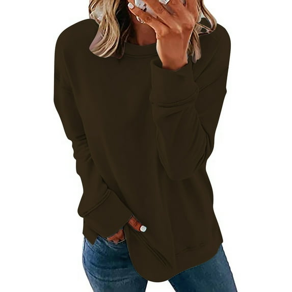 CLOISE Women Sweatshirts Solid Color Oversized Sweatshirts Crew Neck Long Sleeve Hoodies Shirts Brown Drop Shoulder Basic Blouses Fall Cute Preppy Clothes XL
