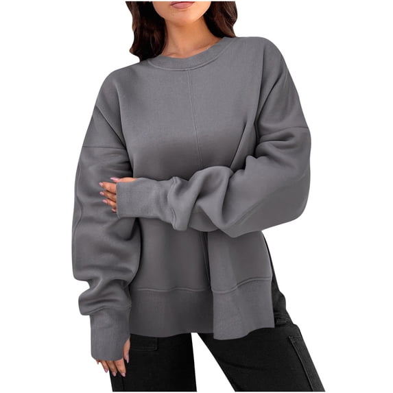 CLOISE Women Sweatshirts Solid Color Oversized Sweatshirts Round Neck Long Sleeve Hoodies Shirts Brown Drop Shoulder Side Split Blouses 2024 Fall Comfy Preppy Outfits S