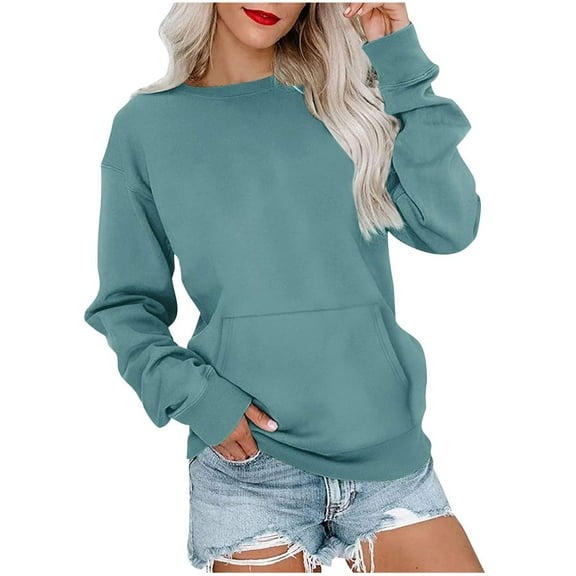 CLOISE Women Sweatshirts Solid Color Pullover Sweatshirts Round Neck Long Sleeve Hoodies Shirts Blue Drop Shoulder Basic Blouses With Pockets Fall Casual Preppy Clothes XL