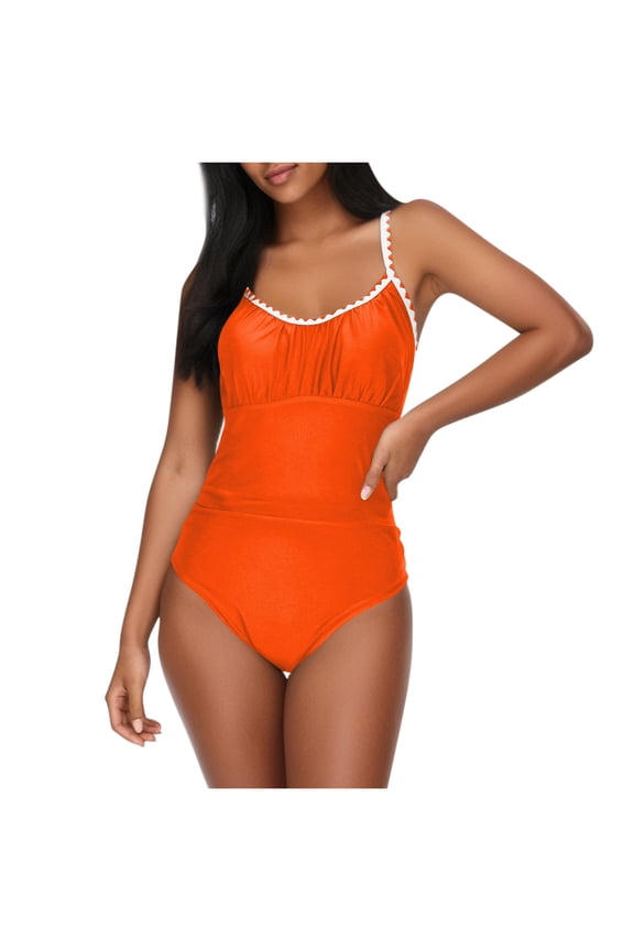 Women Swimsuits 1 Piece Full Coverage Bathing Suit Color Block Swimwear Vacation Beachwear Orange M