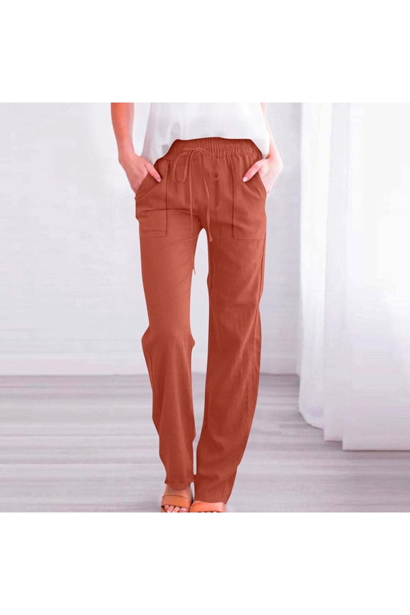 Women Trouser Pants for Office Drawstring Elastic Waist Cotton Linen Solid Summer Pants with Pockets