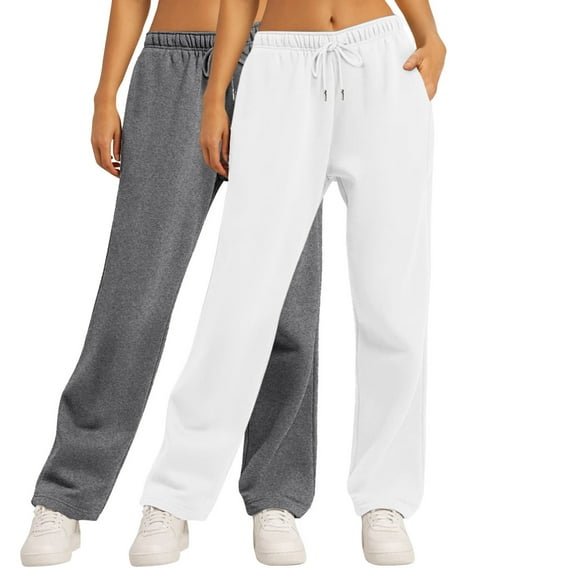 CLOISE Women Wide Leg Sweatpants 2 Pack Baggy Straight Leg Sweatpants Comfy Pull on Low Rise Open Bottom Pants White Active Elastic Waist Drawstring Solid Sweatpants with Pockets Basic Trousers