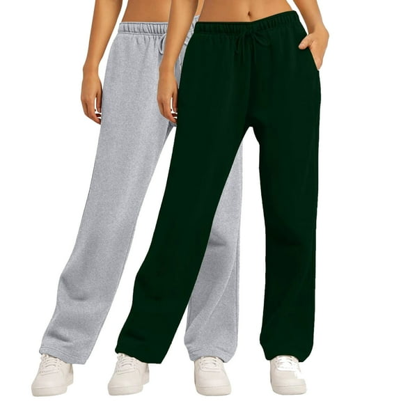 CLOISE Women Wide Leg Sweatpants 2 Pack Baggy Straight Leg Sweatpants Lounge Petite Low Rise Open Bottom Trousers Green Sports Elastic Waist Drawstring Solid Sweatpants with Pockets Winter Trousers