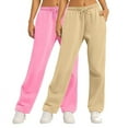 thumbnail image 1 of CLOISE Women Wide Leg Sweatpants 2 Pack Baggy Straight Leg Sweatpants Soft Pull on Low Rise Open Bottom Trousers Beige Oversized Elastic Waist Drawstring Solid Sweatpants with Pockets Basic Trousers, 1 of 3