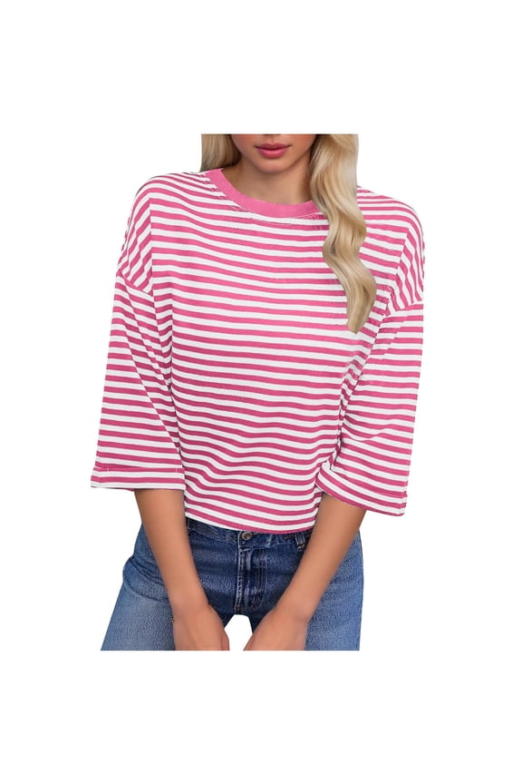 Women's 3/4 Sleeve Tops Crew Neck Shirts Backless Loose Striped Pullover Trendy Fall Clothes Pink S