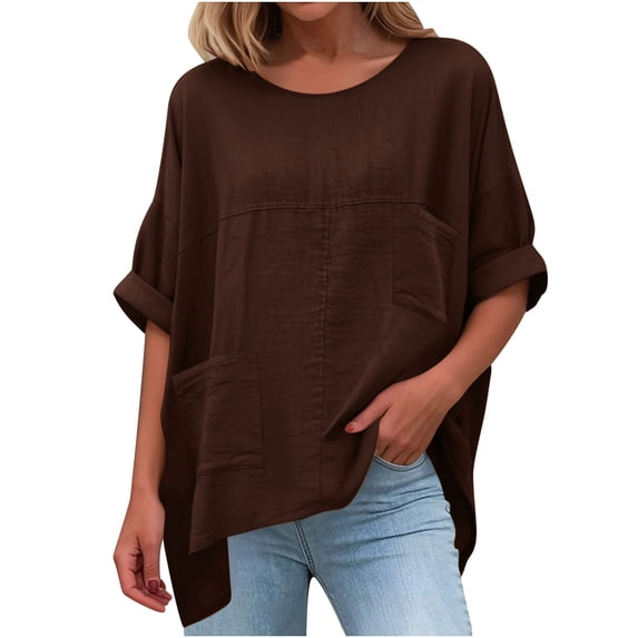 CLOISE Women's 3/4 Sleeve Tops Crew Neck Shirts Loose Solid Color Pullover Cotton Linen Casual Fall Tunic Clothes with Pockets Brown 2XL