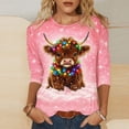 thumbnail image 1 of CLOISE Women's 3/4 Sleeve Tops Plus Size Christmas Cow Crew Neck Pullover Tee Shirts Slim Festive Holiday Photos Outfits Pink 3XL, 1 of 5
