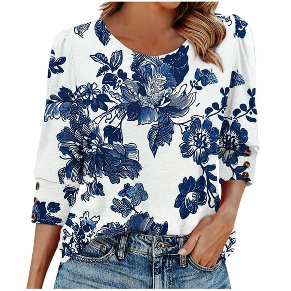 CLOISE Women's 3/4 Sleeve Tops Plus Size Crew Neck Shirt Button Graphic Pullover Cute Outfits Clothes Blue 2XL