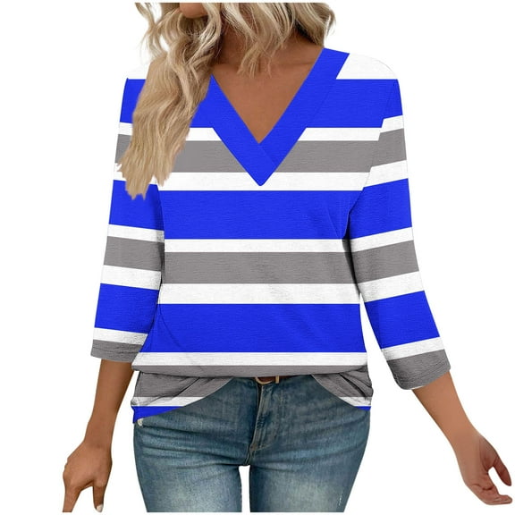 CLOISE Women's 3/4 Sleeve Tops V Neck Shirt Striped Pullover Blouses Casual Fall Winter Clothes Blue S