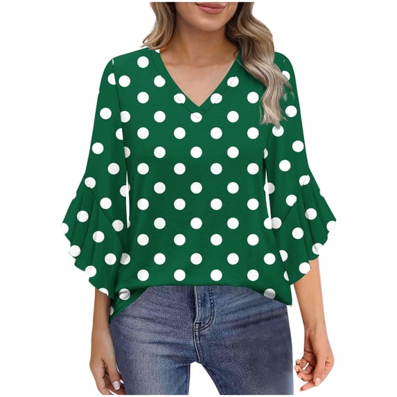CLOISE Women's 3/4 Sleeve Tops and Blouses Bell Sleeve Shirts Loose Polka Dot V Neck Pullover Trendy Fall Clothes Green L