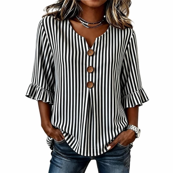 CLOISE Women's 3/4 Sleeve Tops and Blouses Ruffle Sleeve Shirts Ornamental Button Striped V Neck Pullover Trendy Fall Clothes Black XL