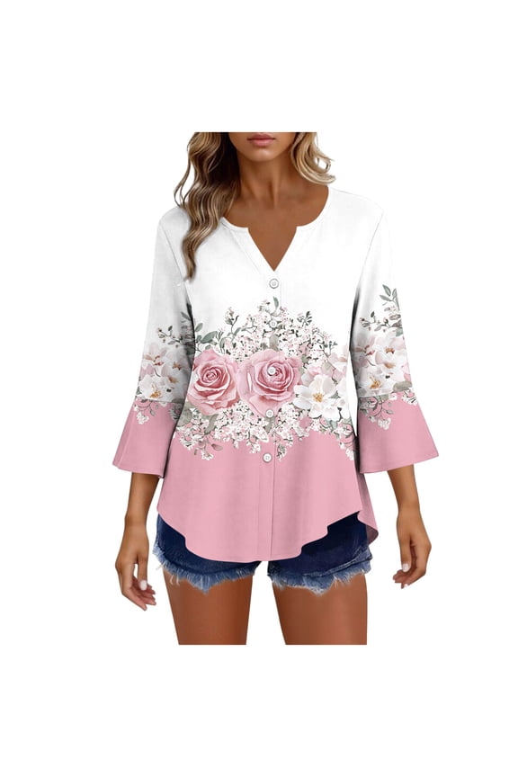 Women's 3/4 Sleeve Tops and Blouses V Neck Ruffle Bell Sleeve Shirts Button Loose Floral Pullover Trendy Fall Clothes Pink M