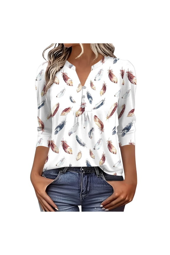 Women's 3/4 Sleeve Tops and Blouses V Neck Shirts Ruched Loose Print Pullover Pleated Button Trendy Fall Clothes White S