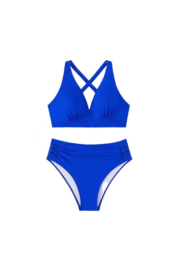 Women's Bikini Swimsuits 2 Piece Plus Size Swimwear with Shorts High Waist Full Coverage Crossed Straps Solid Bathing Suit Vacation Beachwear