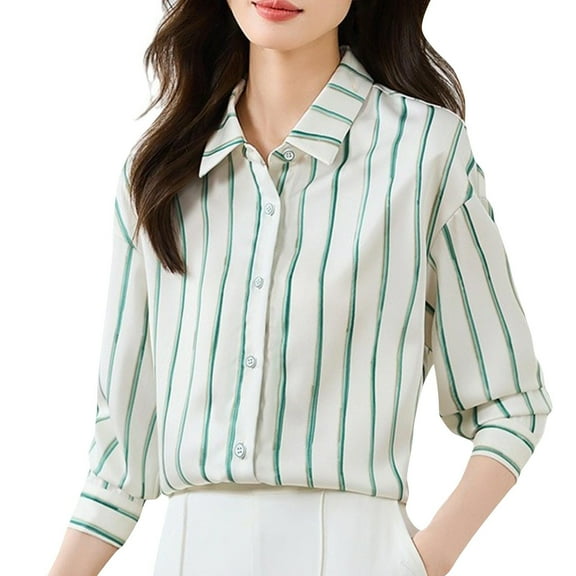 CLOISE Women's Blouses Collared Shirt Striped Long Sleeve Pullover Blouses Elegant Outfits Clothes Green L