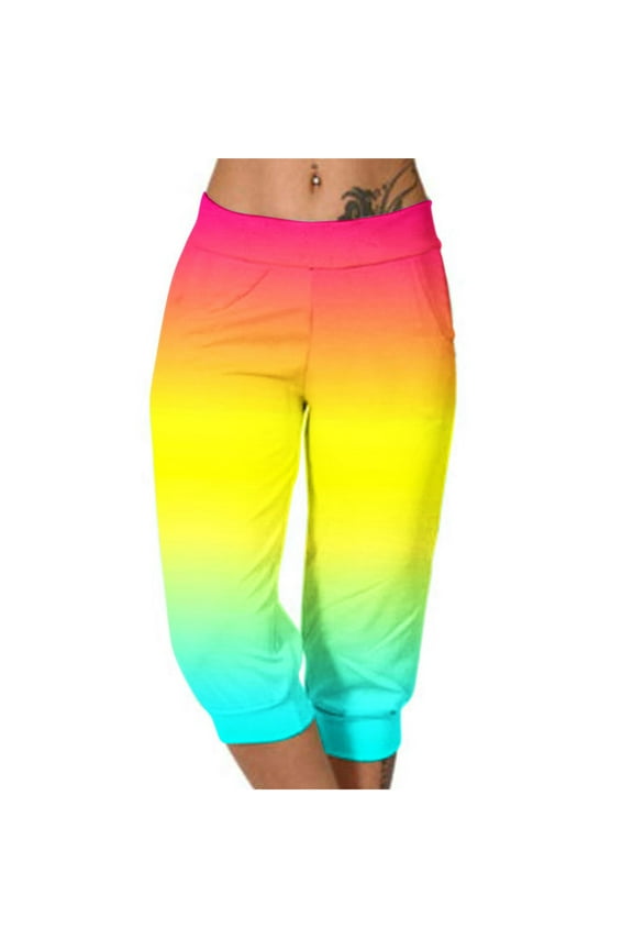 Women's Capri Pants with Pockets Stretch Leggings Elastic Waisted Yoga Pants Summer Casual Fashion Multi Colored Lightweight Cropped Sweatpants Multicolor M
