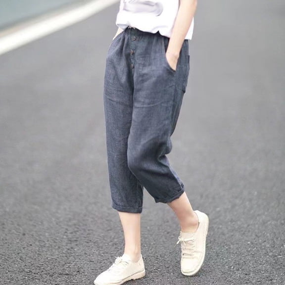 CLOISE Women's Capri Pants with Pockets Stretch Wide Leg Pants Elastic High Waisted Palazzo Pants Linen Petite Summer Casual Fashion Solid Loose Lightweight Cropped Trousers Blue XL