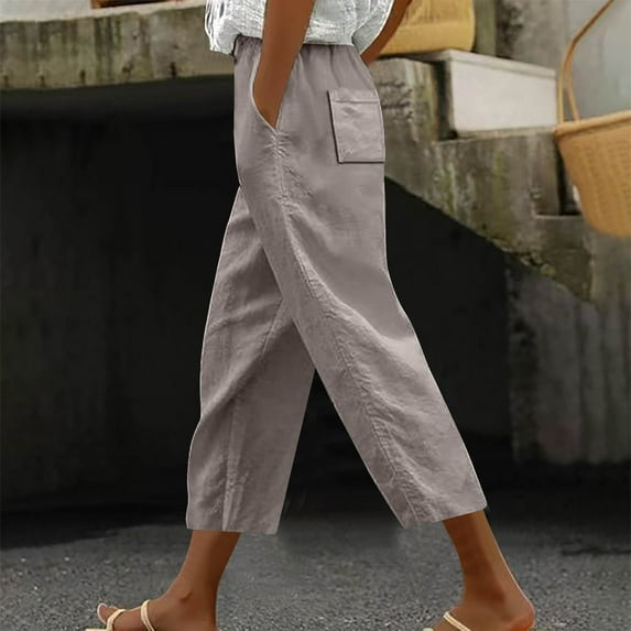 CLOISE Women's Capri Pants with Pockets Stretch Wide Leg Pants Elastic High Waisted Palazzo Pants Petite Summer Casual Fashion Solid Loose Lightweight Cropped Flowy Trousers Gray XL