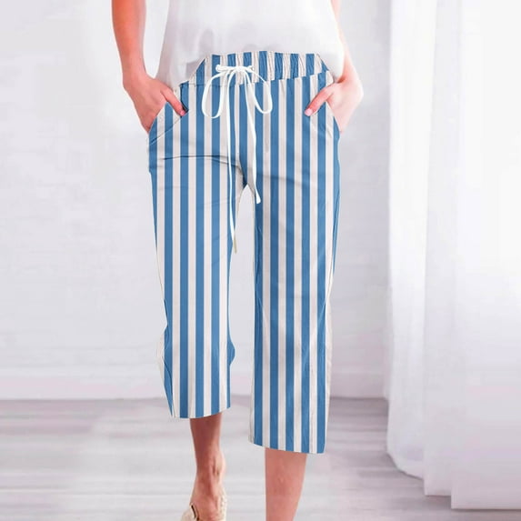 CLOISE Women's Capri Pants with Pockets Stretch Wide Leg Pants Elastic High Waisted Palazzo Pants Petite Summer Casual Fashion Striped Pants Loose Lightweight Cropped Flowy Trousers Sky Blue XL