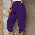 thumbnail image 1 of CLOISE Women's Capri Pants with Pockets Stretch Yoga Pants Elastic High Waisted Petite Summer Casual Fashion Solid Loose Lightweight Cropped Trousers Purple L, 1 of 9