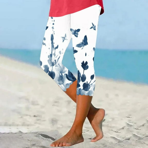 CLOISE Women's Capri Pants Stretch Leggings Elastic High Waisted Yoga Pants Petite Summer Casual Fashion Golf Pants Soft Lightweight Printed Cropped Trousers Multicolor XL