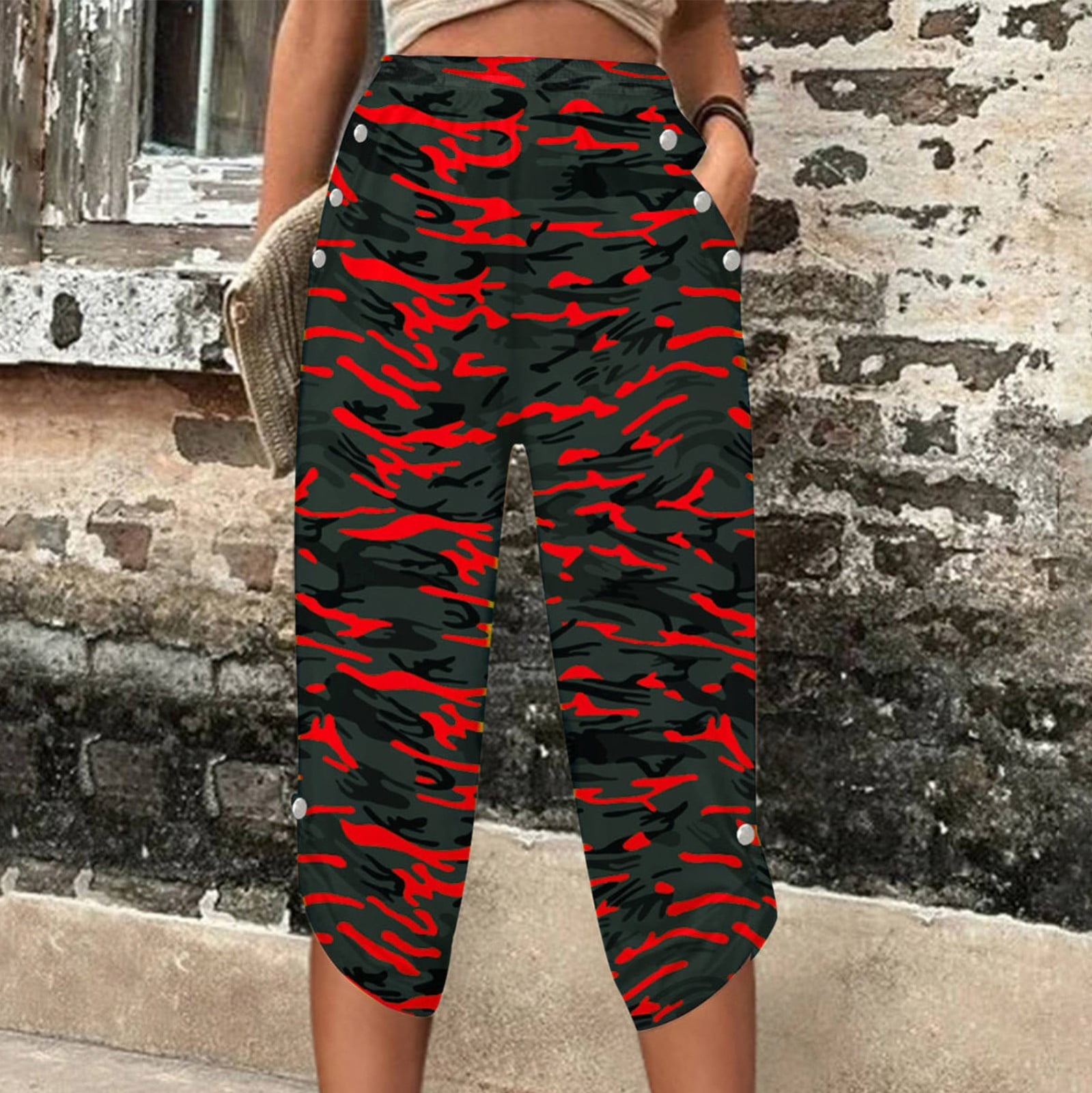Waist Camo Petite Pants CLOISE Women's Capri Pants With Pockets
