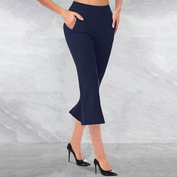 CLOISE Women's Capris with Pockets Stretch Flare Pants Elastic High Waisted Wide Leg Pants Petite Summer Casual Fashion Solid Loose Cropped Flowy Trousers Navy M