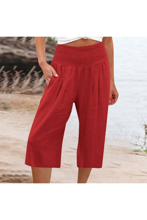 Women's Capris with Pockets Stretch Wide Leg Pants Elastic High Waisted Flowy Pants Linen Petite Summer Casual Fashion Solid Loose Lightweight Cropped Palazzo Trousers Watermelon Red L