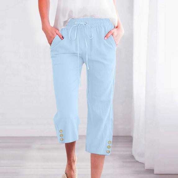 CLOISE Women's Capris with Pockets Stretch Wide Leg Pants Elastic High Waisted Palazzo Pants Linen Petite Summer Casual Fashion Solid Loose Lightweight Cropped Flowy Trousers Light Blue 2XL